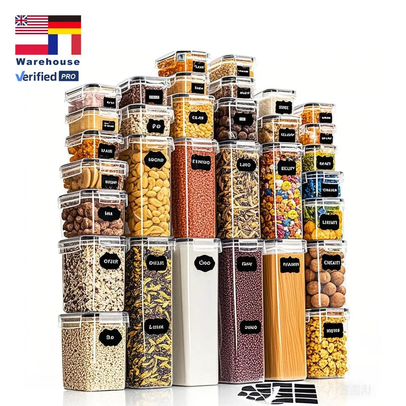 Food-Grade PP Plastic Storage Jars Lid 32pcs Airtight Storage Boxes Kitchen Set for Flour Cereal Spaghetti Minimum Order 4pcs
