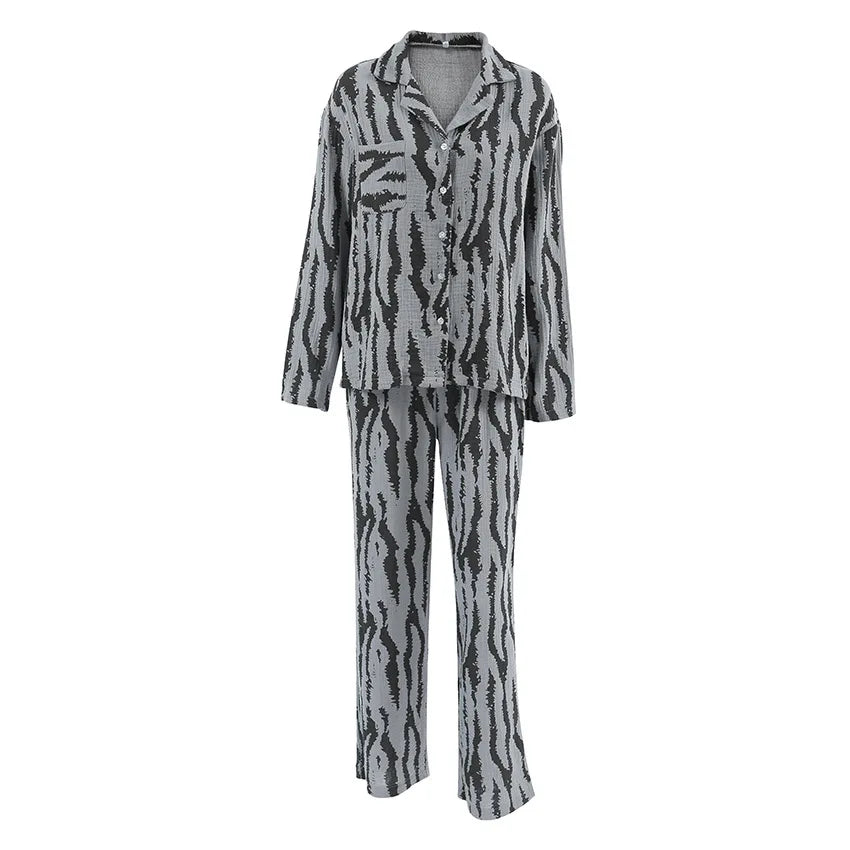 Cotton Loose Cardigan Casual Skin Friendly Women's Long Sleeved Pants Printed Pajamas