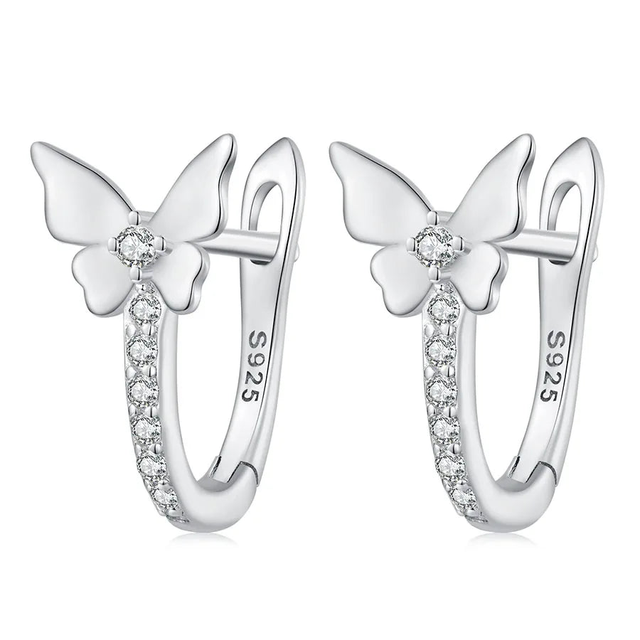 925 Sterling Silver Butterfly Ear Clip Earrings with White Cubic Zircon Cute Animal Basic Stud for Daily Life and Weddings