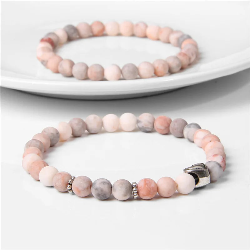 Drop Shipping Fashion Handmade 6MM Natural Matte Pink Zebra Stone Beads Couple Bracelets Wholesale