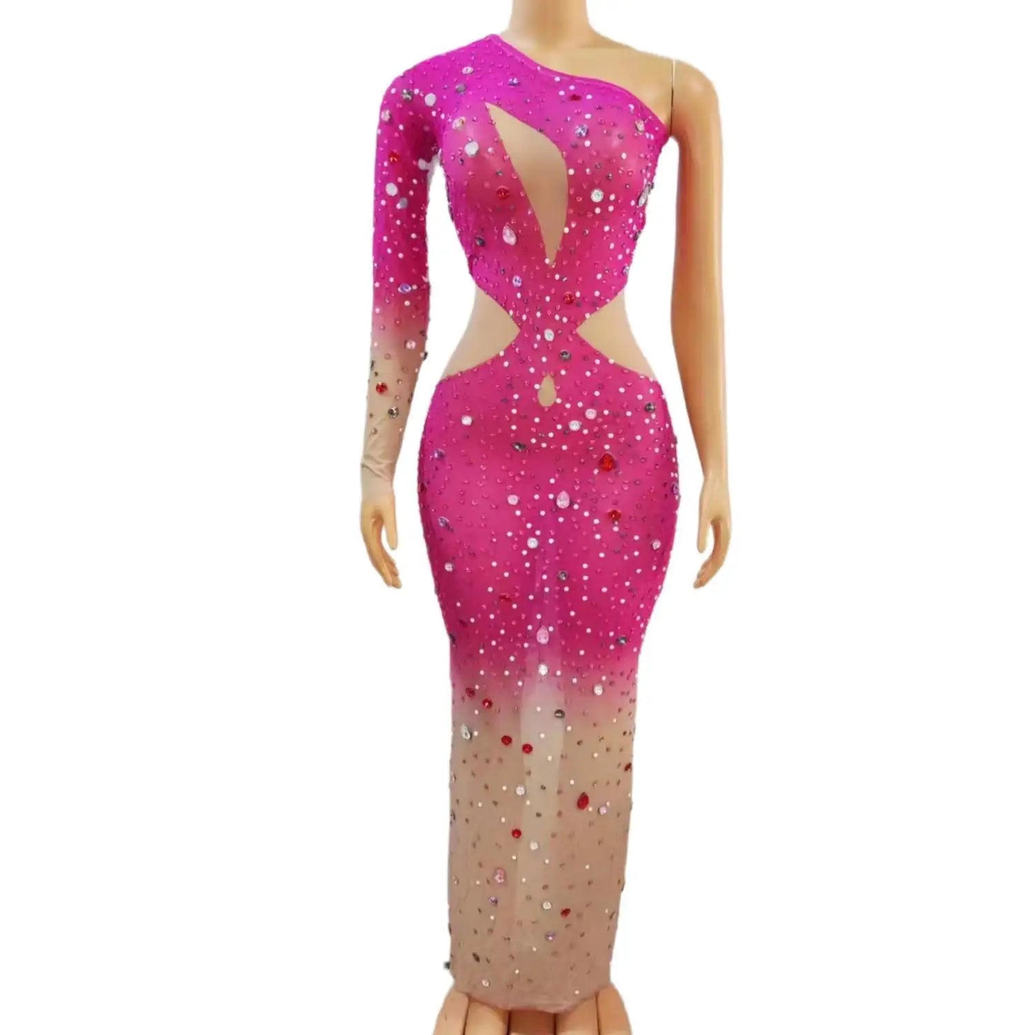 New 2023 One Shoulder Rhinestone Ball Gowns Stage Club Long Dress Women Banquet Birthday Party Dress Sexy Ladies Evening Dress