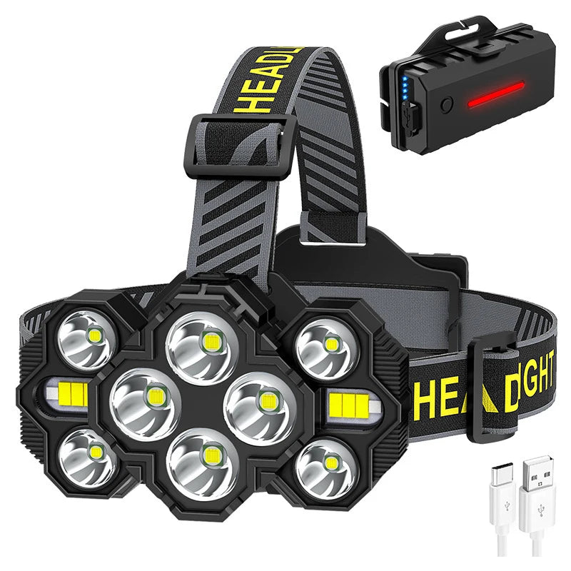 Hot Sale 8 Lamp Heads 10000 Lumens Cob Waterproof Headlights USB Charging Camping Sports Professional Led Headlights
