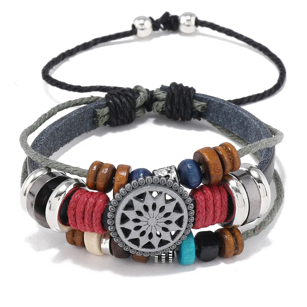 Hot Sale Fashion Men's Retro Beaded Genuine Leather Friendship Bracelet Antique Silver Plating Adjustable Charm Personalized