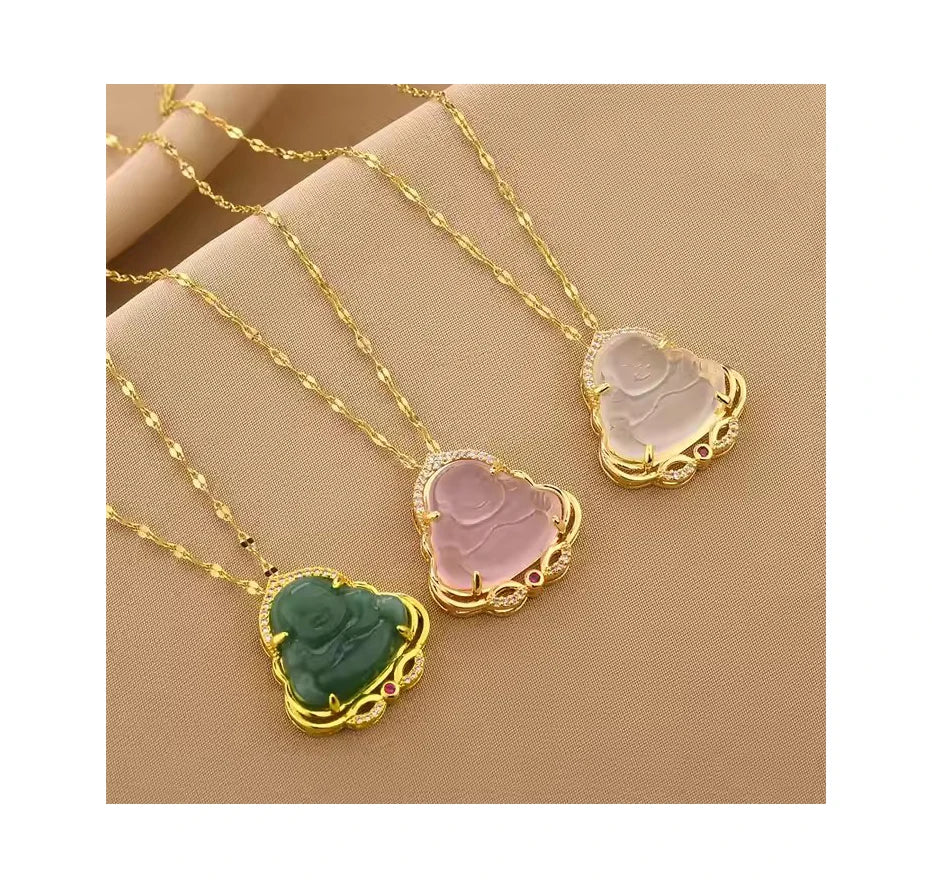 Newest Religious Maitreya Buddha Necklace Gold Plated Titanium Steel Lip Chain Crystal Jade Buddha Pendant Necklace for Women