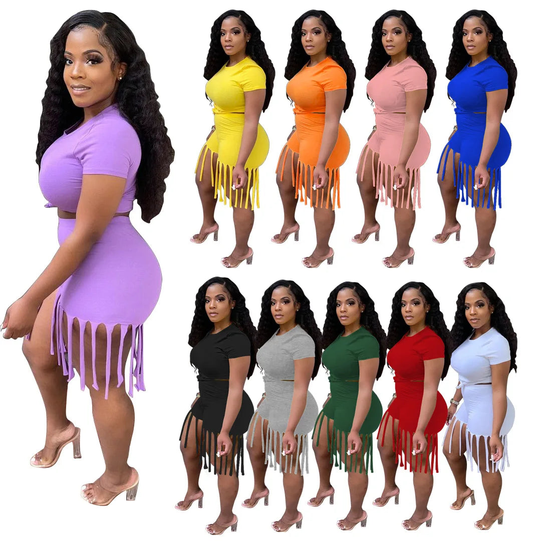 Women Two Piece Sets Tassel Custom Biker Shorts Blank Crop Top Cute Tracksuits Summer Clothes 2022 Women Casual Shorts Sets
