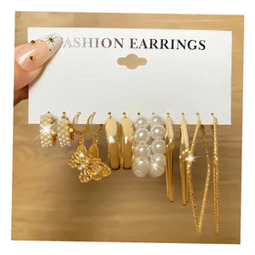 Trend Geometric Pearl Circle Drop Gold Color Butterfly Hoop Earrings Set Jewelry for Women