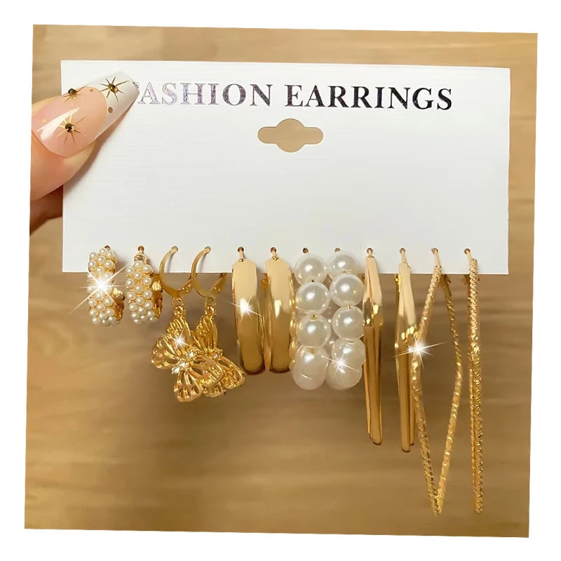 Trend Geometric Pearl Circle Drop Gold Color Butterfly Hoop Earrings Set Jewelry for Women
