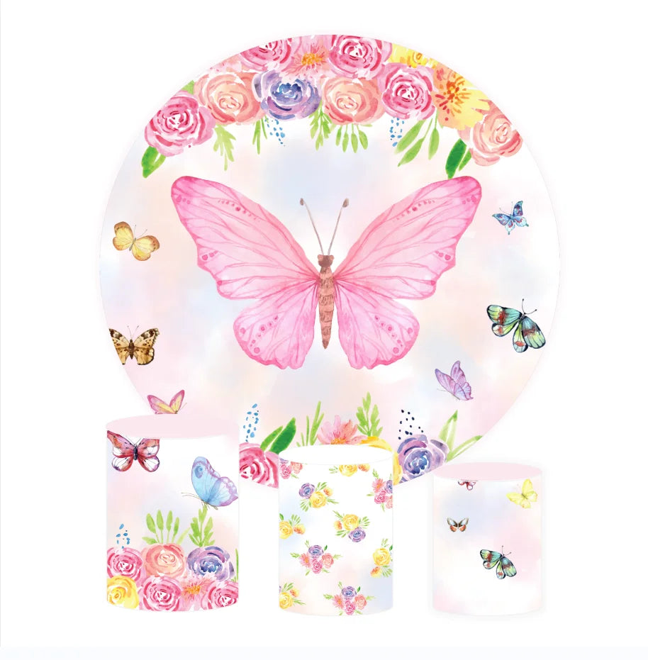 Custom 5FT 6FT 6.5FT 7.2FT With Dessert Plinth Cylinder Butterfly Flower Flora Birthday Party Round Backdrop Stand Cover