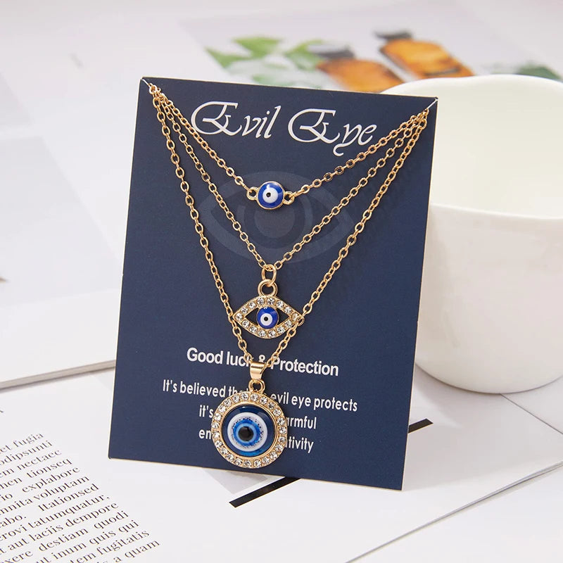 Wholesale Turkish Jewelry Gold Plated Blue Evil Eyes Choker Necklaces Set Charm for Women Girl Beach Party