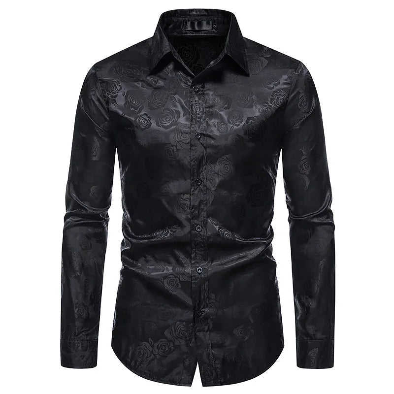 2023 New Men's Casual Long-sleeved Shirt Men's Rose Printed Shirt
