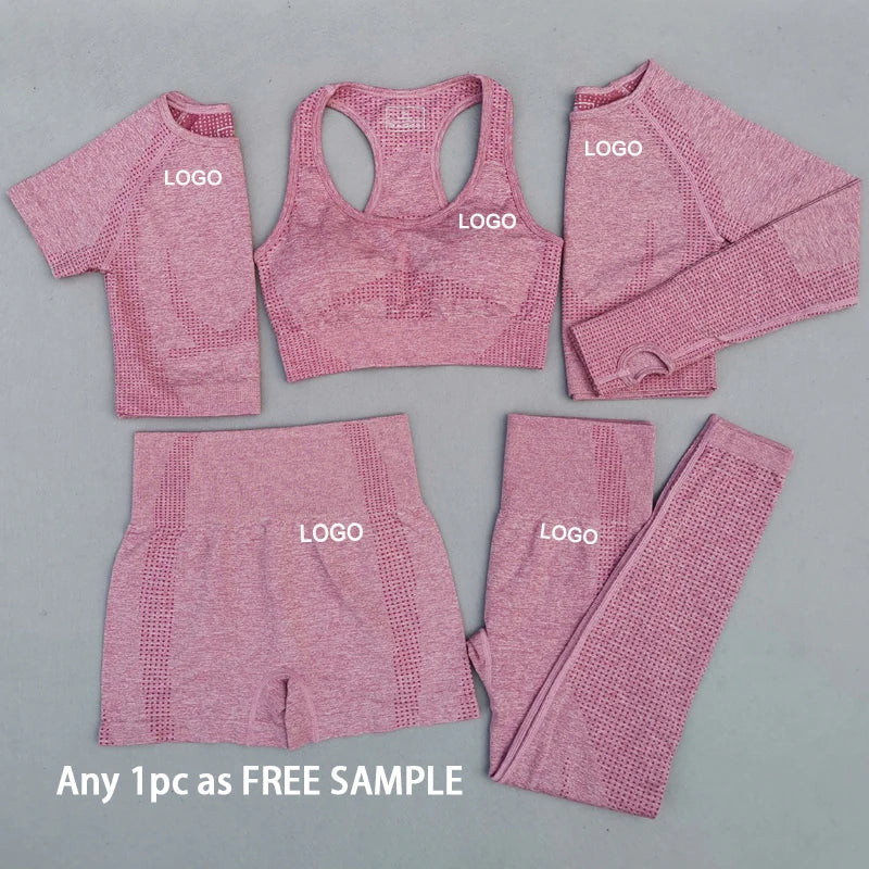 5 Pieces Yoga Set Long Sleeve pink Fitness Crop Top Underwear Gym Clothing Custom logo Fall Workout Sets Seamless Yoga Set