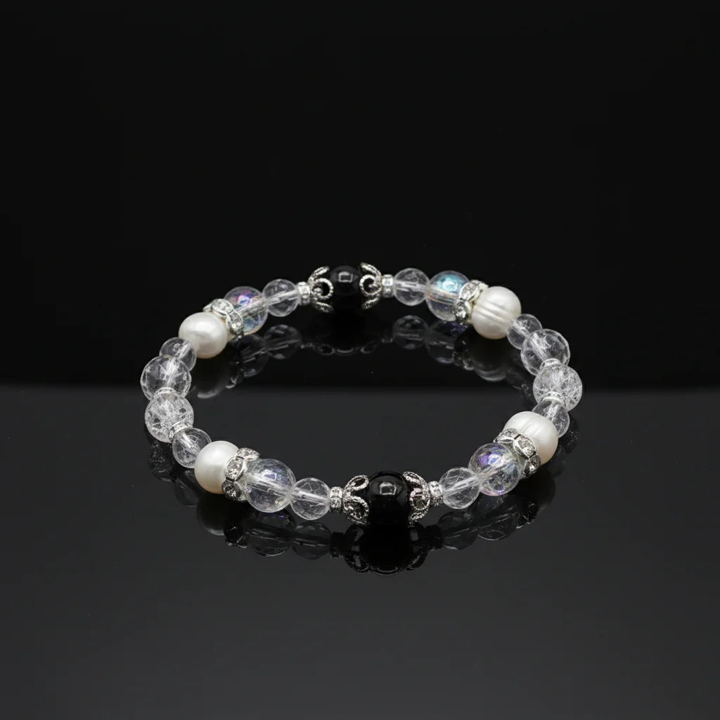6mm/8mm Natural Stone Black Tourmaline Rainbow Clear Quartz Faceted Crystal Rhinestone Spacer Pearl Bracelet Fashion Jewelry