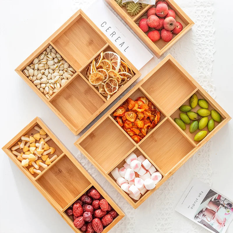 Bamboo and Wood Household Living Room Nuts Candy Box Compartmental Snack Snack Dried Fruit Plate Miscellaneous Storage Box