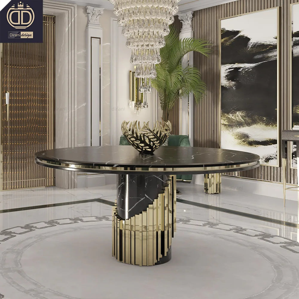 Villa Luxury Contemporary Round Dining Table Set with Marble Top and Stainless Steel Frame for Apartment Home Furniture