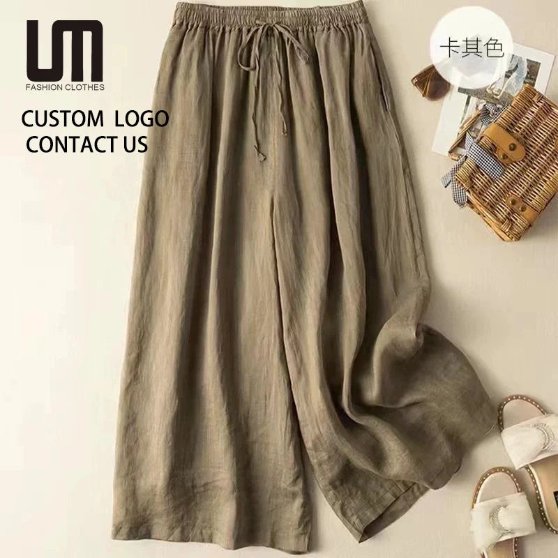 Custom Logo New Summer Women's Wide Leg Pants - High Waist Loose Straight Ankle-Length Casual Pants