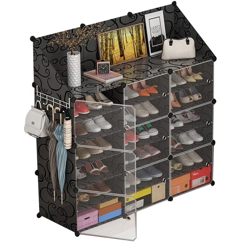 6 Levels DIY Easy Assembly Plastic Adjustable Black Shoe Rack for Living Room & Warehouse Use