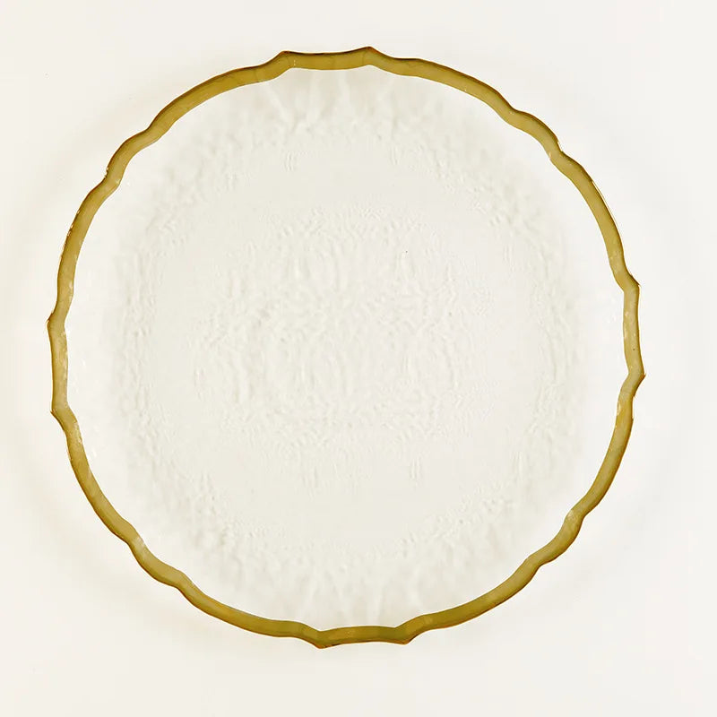 Factory Lead-Free Luxury Irregular Clear Glass Charger Food Safe Eco-Friendly Handpainted Gold Silver Beaded Rim Party