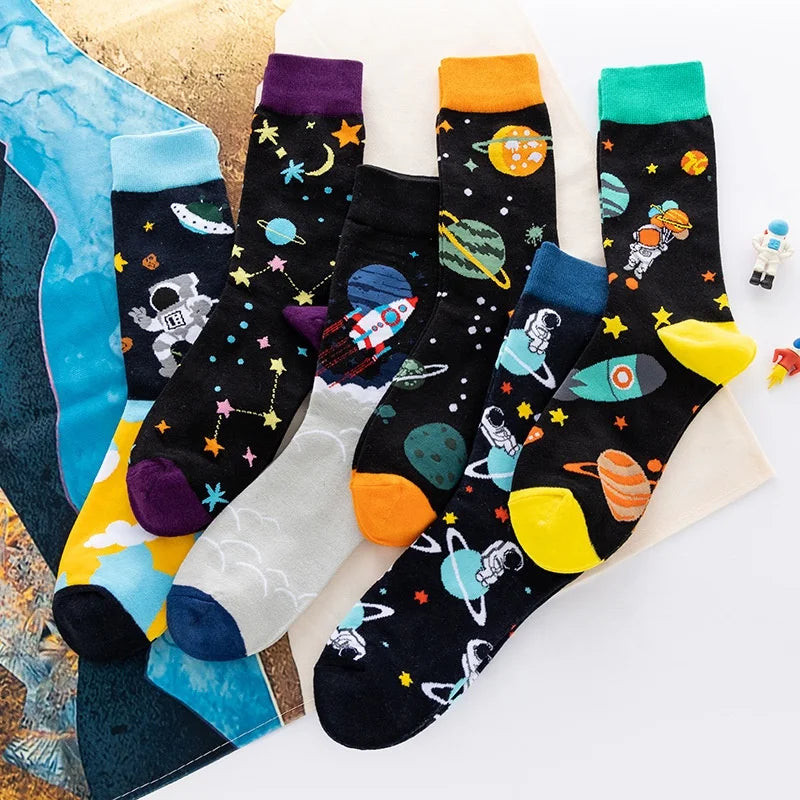 Wholesale Crazy Fun Space Cartoon Patterned Socks Men Unisex Novelty Trendy Cotton Crew Socks