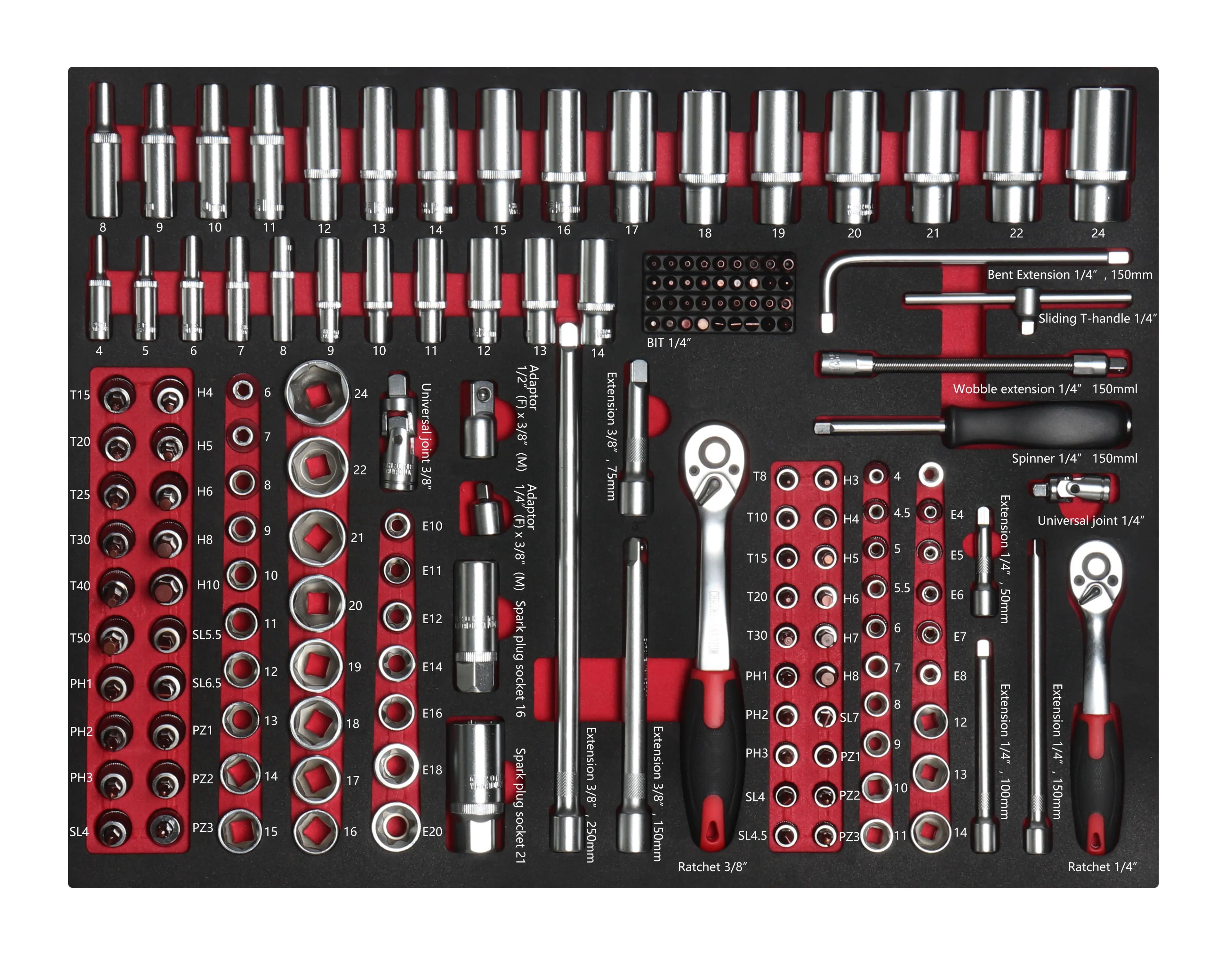 145PCS EVA Foam 1/4"3/8"DR.Sockets Selling Product Ratchet  Wrenches Hand Tools Socket Wrench Spanner or Set Mechanic Tool Set