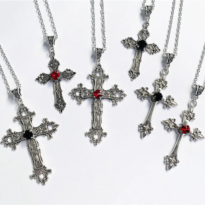 SC New Style Gothic Cross Necklace Cool Colorful Diamond Necklace Vintage Silver Flower Cross Pendant Necklace for Women
