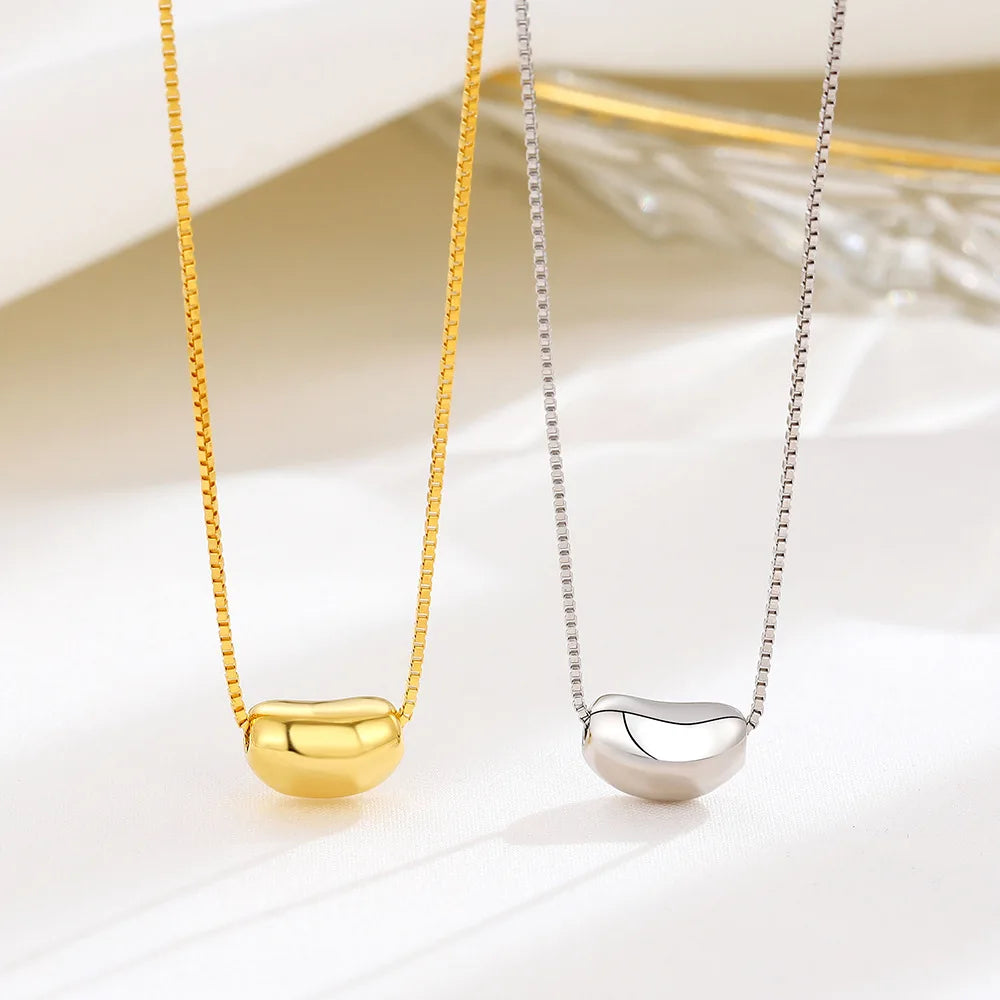 Fine 925 Sterling Silver Bean Bead Pendant Simple 18k Gold Ball Pendant Box Chain Necklace for Women