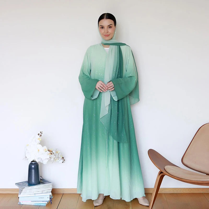 Hot Sell Dubai Muslim 3 Pieces Set Ombre Green Abaya Kimono Gradient Glitter Chiffon Front Open Abaya Dress With Inner Dress