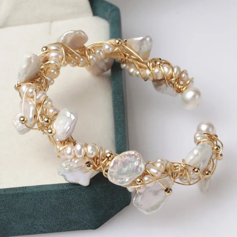 Bohemia Gold Plated Fresh Water Keshi Baroque AAA Chunky Genuine Pearl Bangles High Quality Gift Party Wedding