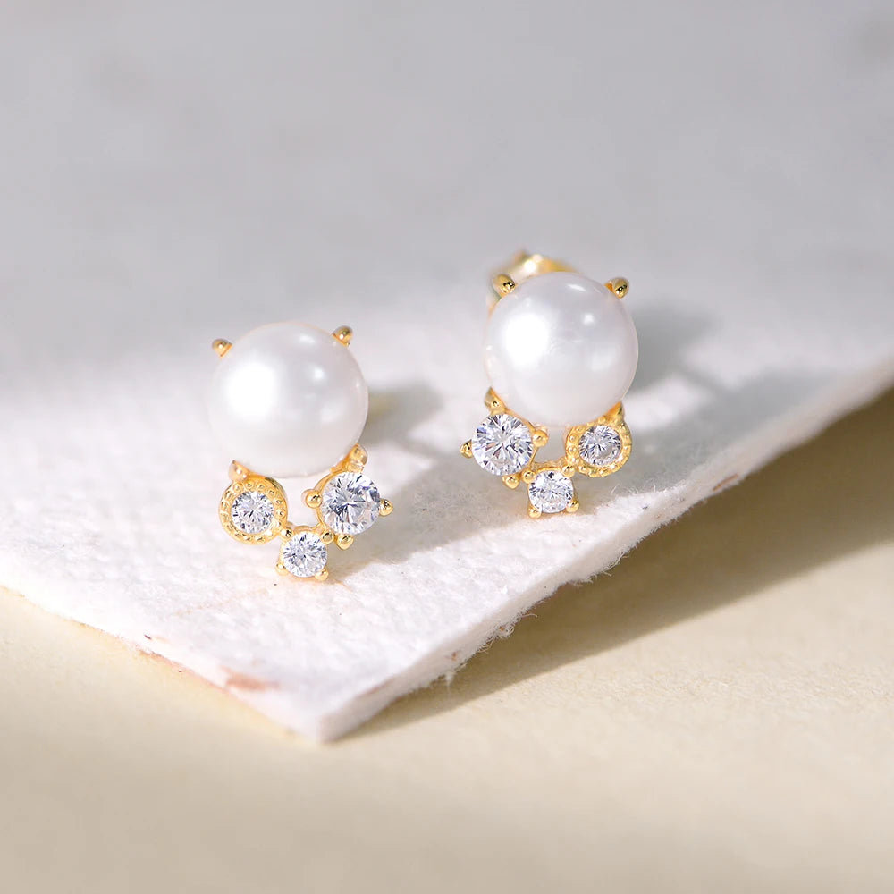 Simple Vintage 925 Sterling Silver Women Jewelry Gold Plated Triple Stone CZ Pearl Stud Earrings