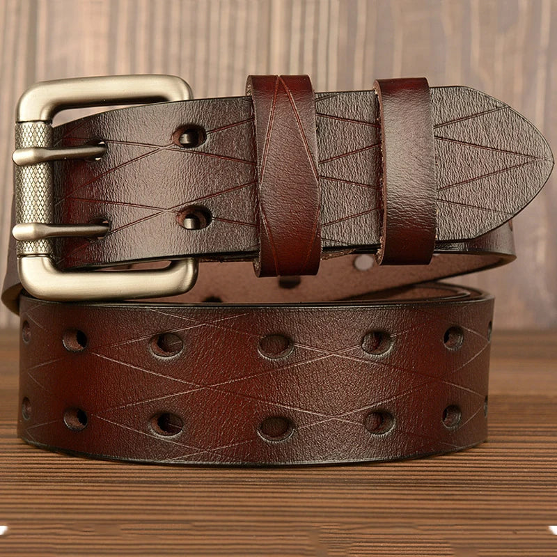 New Pin Buckle Full Grain Leather Belts for Mens Jeans 3.8cm Heavy Duty Double Prong Buckles Leather Work Belt for Men  Pants