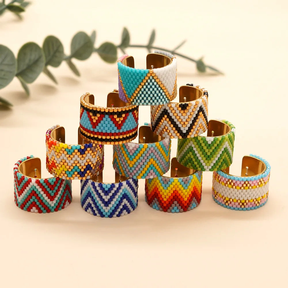 Summer Wholesale Bohemian Style Miyuki Antique Seed Bead Ring Jewelry Hand-woven Stainless Steel Ring for Women