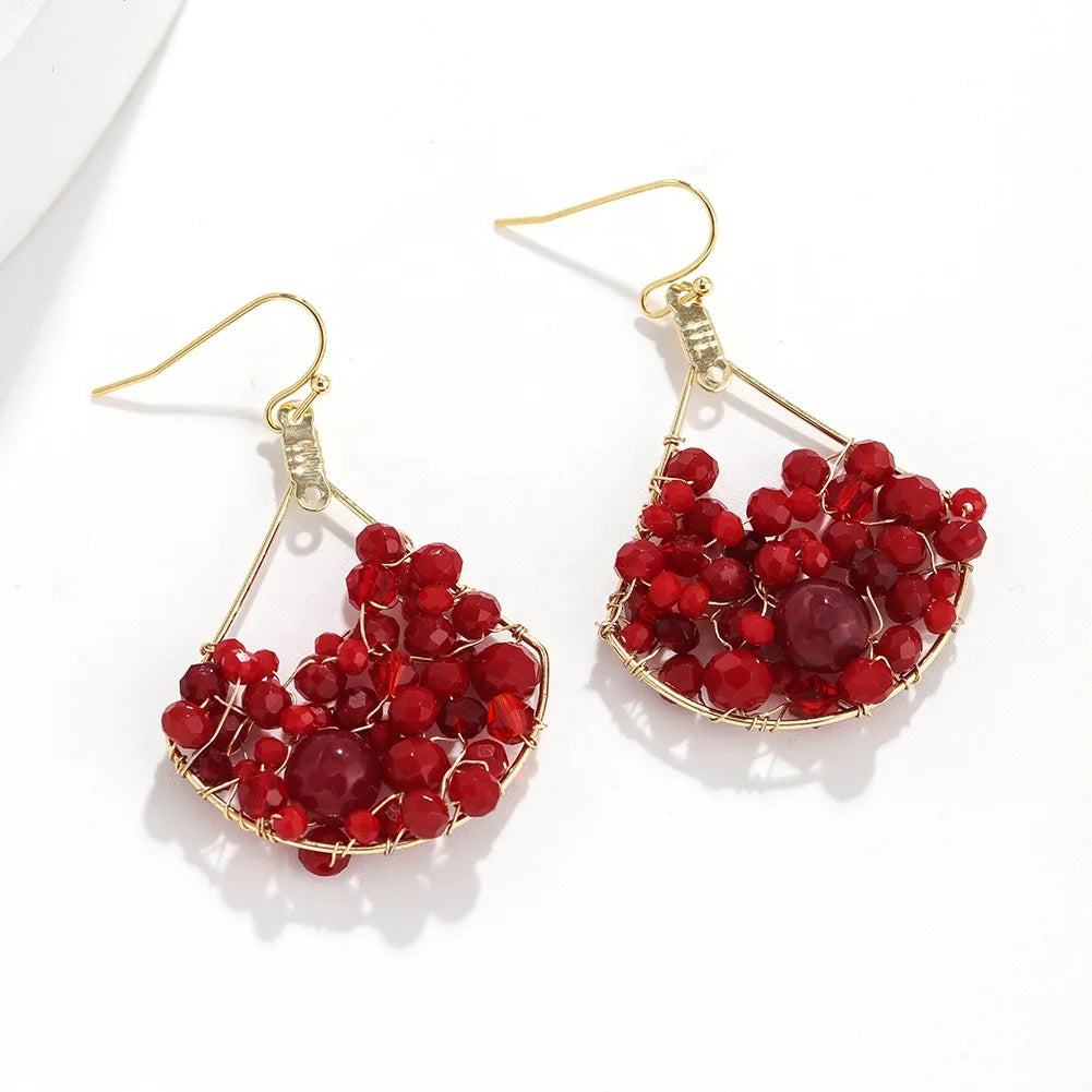 Handmade Boho Huggie Drop Earrings for Women Exquisite Gold-Plated Crystal Beads Geometric Metal Fan Fashion Dangle Earrings