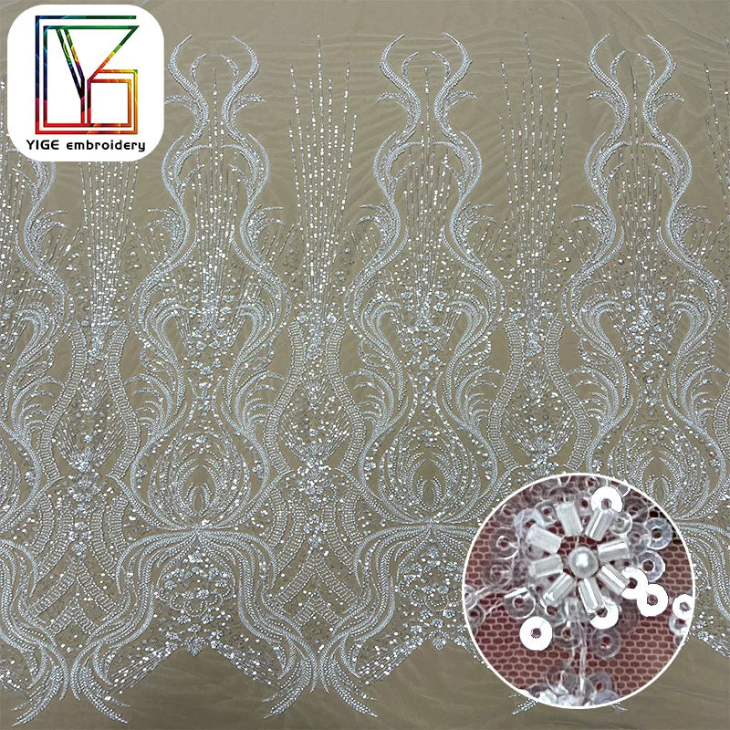 Heavy Beaded Pearl Embroidery Bridal Tulle Lace Fabric Luxury High Density White Beads Sequin Mesh Lace Fabric for Wedding Dress