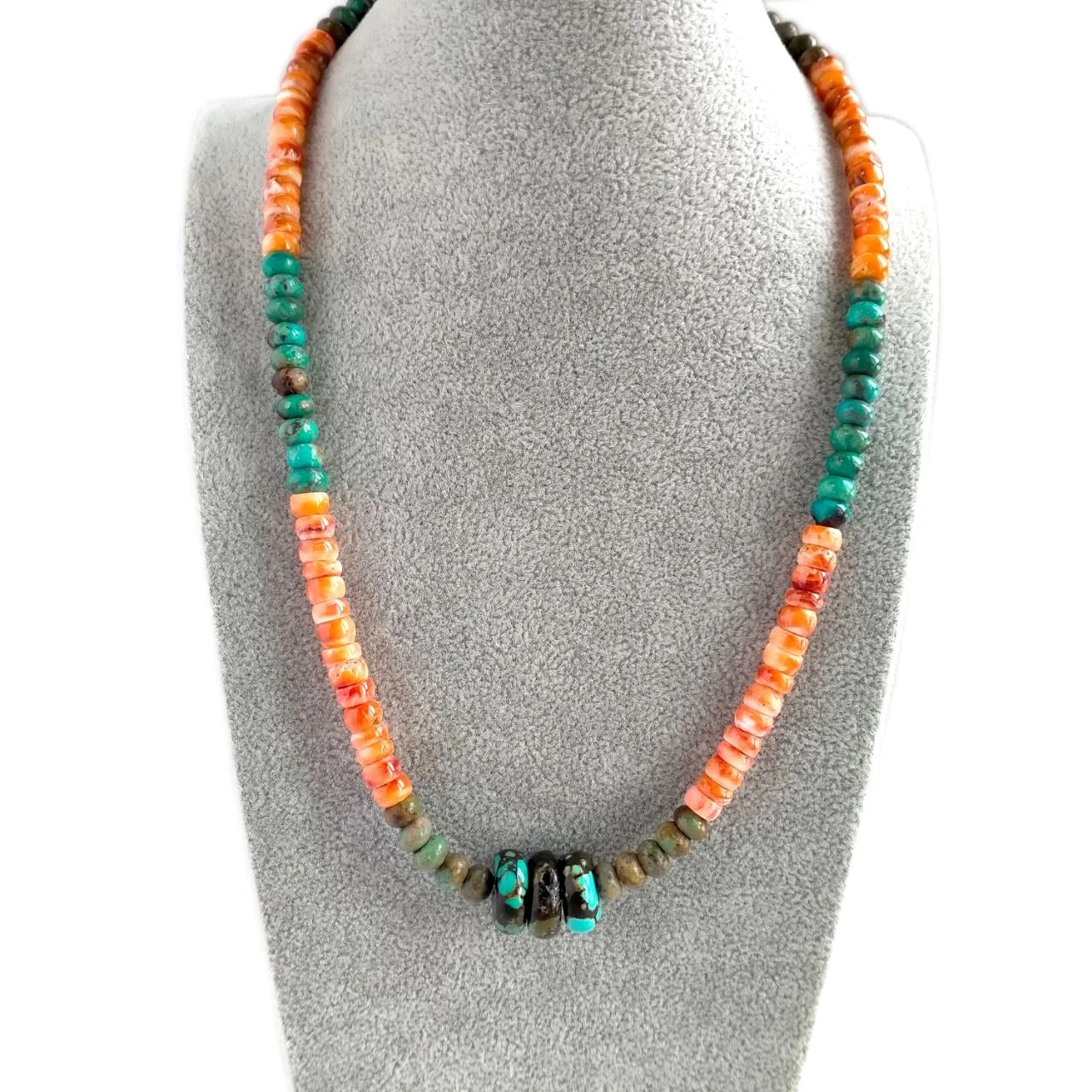 Genuine Spiny Oyster Shell Hand Braided Rondelle Beads Necklace with Turquoise Bead