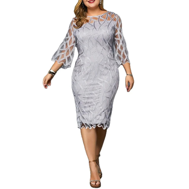 Plus Size Women's Dresses 4Xl 5Xl 6Xl Mesh Hollow Out Lace Patchwork Long Sleeve Midi Casual Large Size Woman Dress