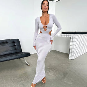 Latest Modern Long Sleeve Hollow Out Backless Maxi Dresses Women Lady Elegant Dinner Dress