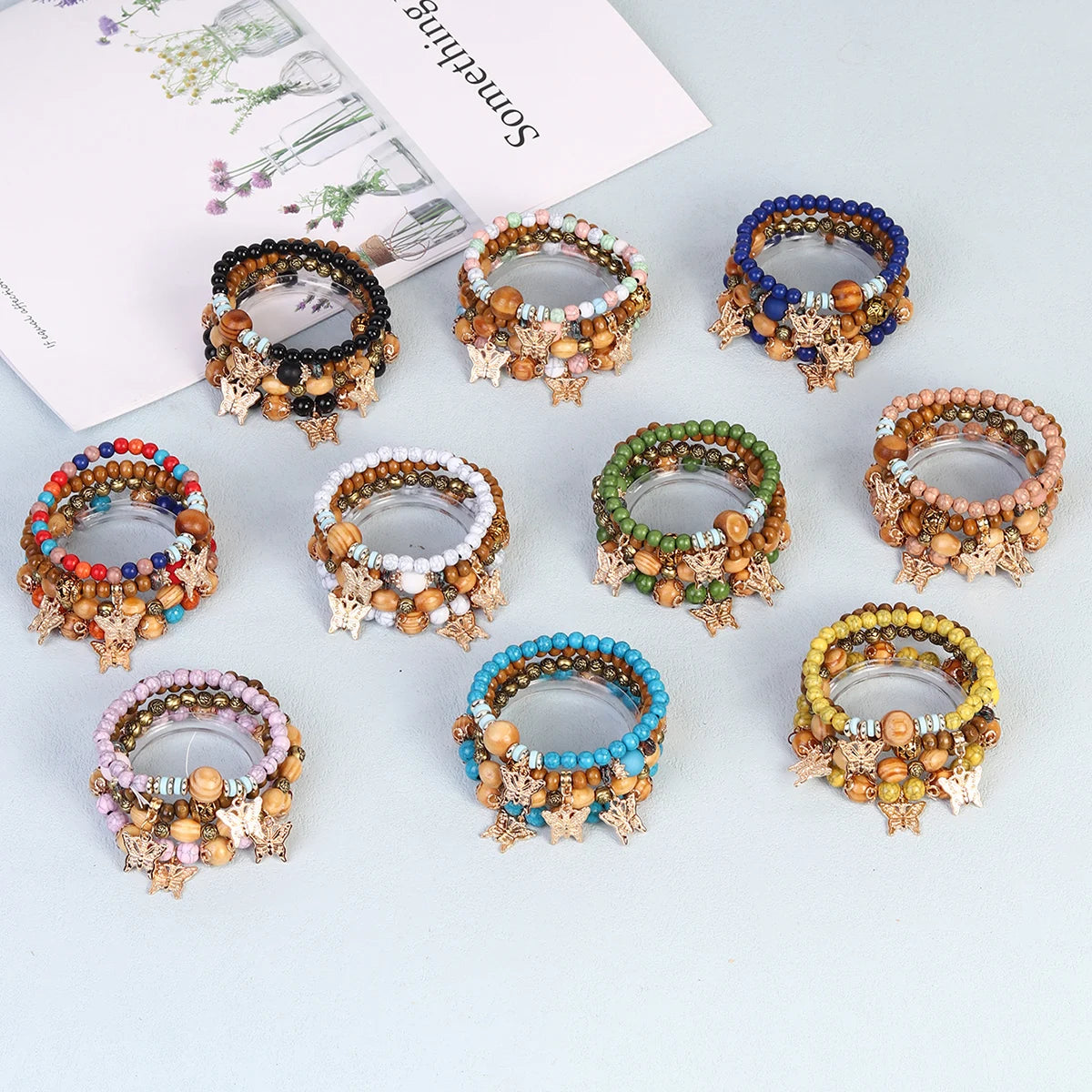 Luxury Fashion Custom Boho Friendship Wooden Beads Jewelry Stretchy Butterfly Bracelets Bangles Women