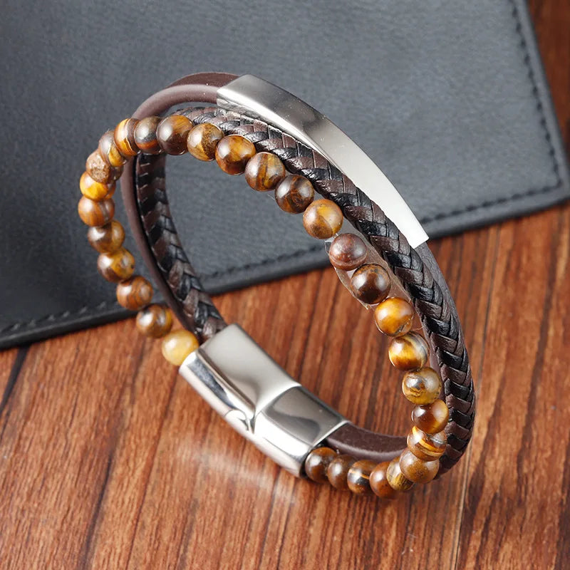 Classics Multilayer Leather Braid Bracelets Stainless Steel Tiger Eye Stone Beaded Bracelets for Men Party Jewelry