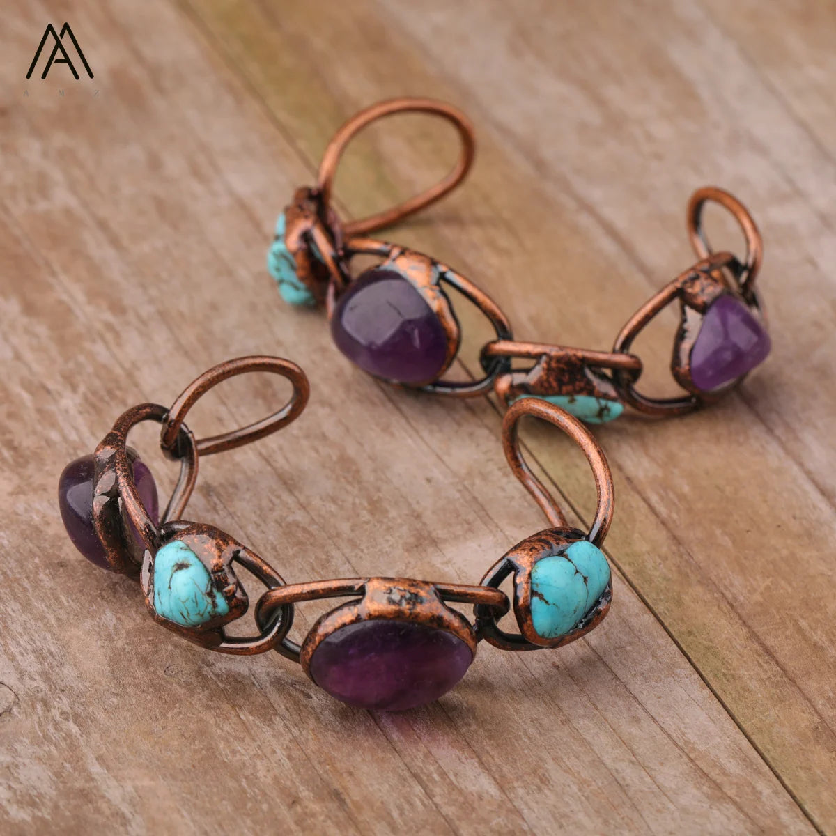 Designer Bangle Amethyst Turquoise Open Cuff Bracelet Antique Bronze Vintage Jewelry for Men Gifts