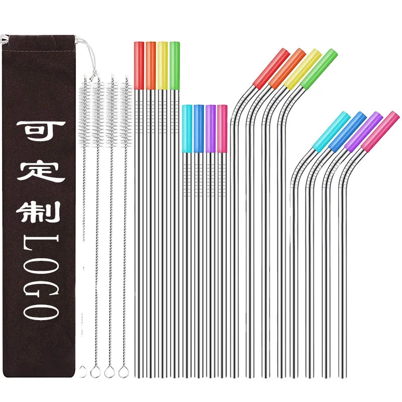 Customized Logo Stainless Steel Straw Long Drinking Portable Tumbler with Clean Brush Children Reusable Glass Metal Accessory
