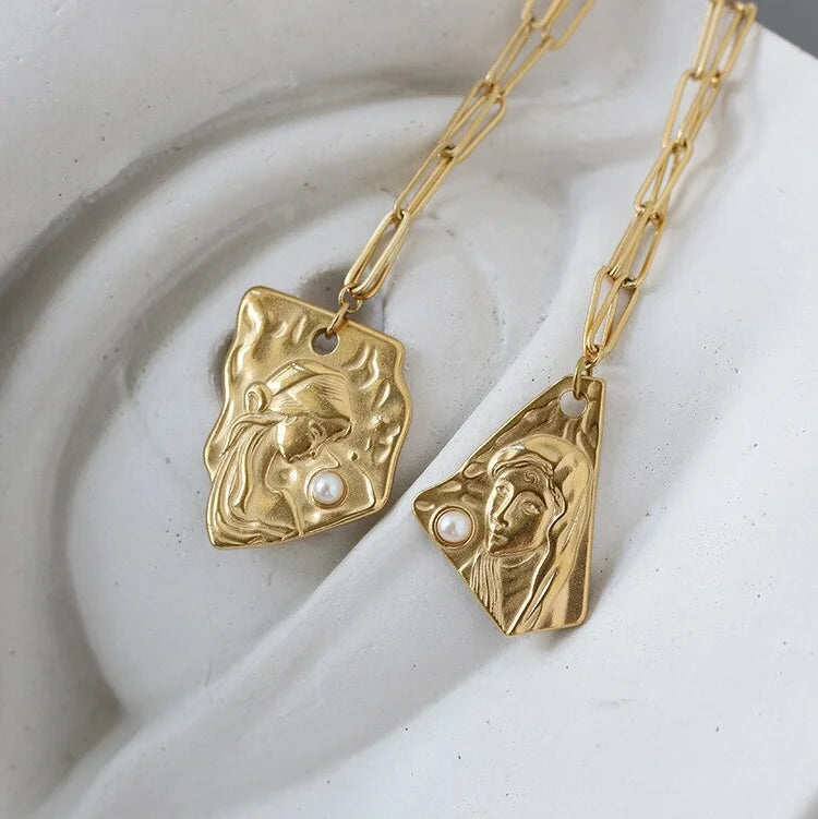 New Creative Design Character Necklaces Jewelry Stainless Steel Irregular Artistic Girl Women Pendant with Pearl Necklaces