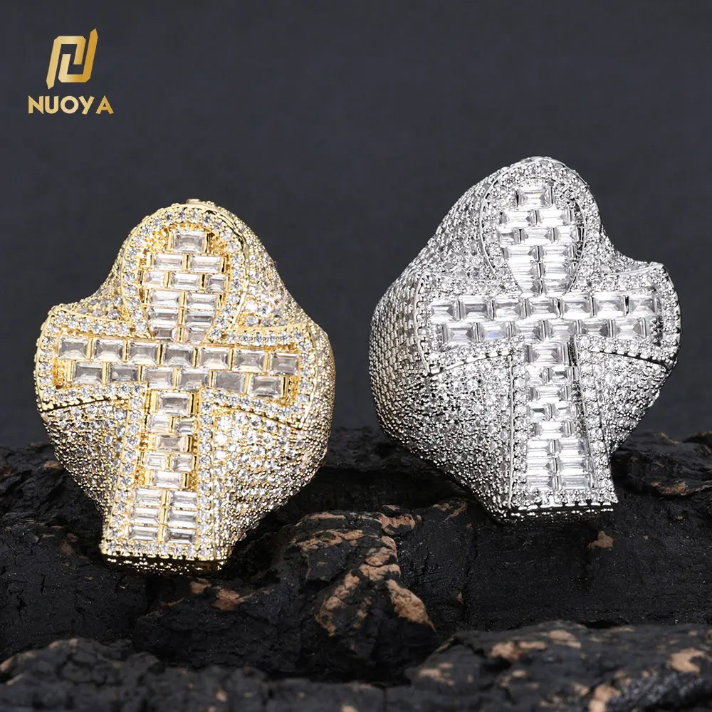NUOYA Fashion Jewelry New Trend Hip Hop Ring Women Gold Silver Plated Iced Out CZ Diamond Zircon Anker Cross Ring
