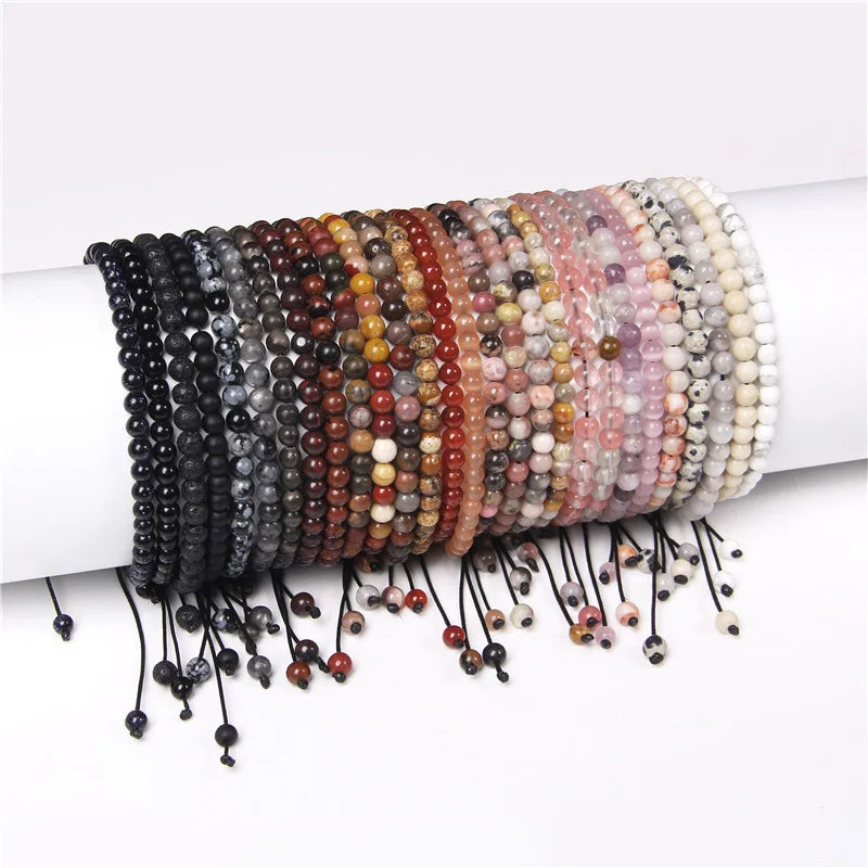 Stocks New Fashion Cute Small 4mm Gemstone Natural Agate Jasper Aventurine Cat Eye Stone Beads Macrame Bracelet Adjustable