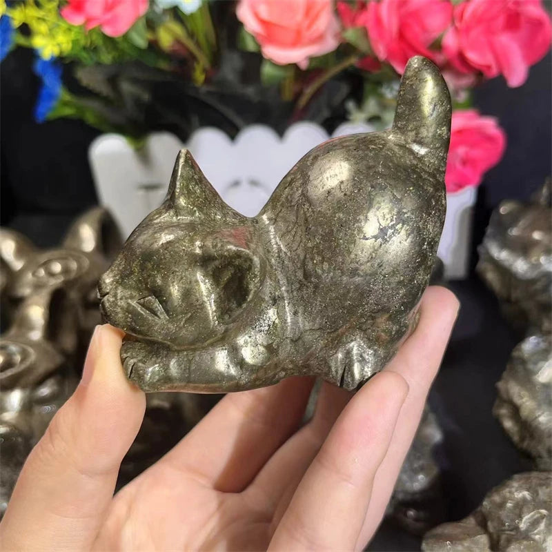 Wholesale Natural Crystal Carved Animals Pyrite Cat Pyrite Skulls for Decoration