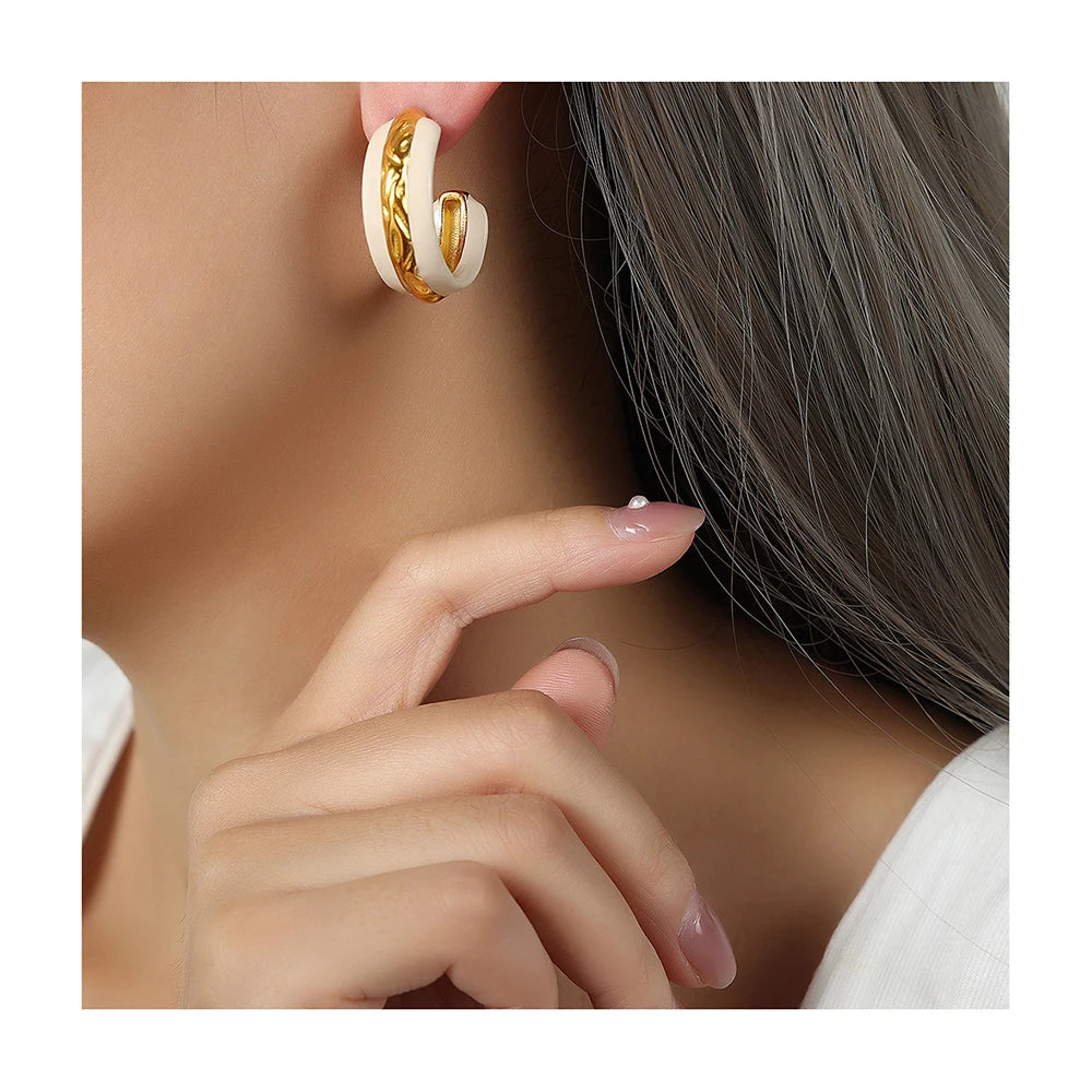 Light Luxury Wholesale Retro Titanium Steel Earrings 18K Gold Plated Semicircle Ring Enamel Color Glaze C- Shaped Earrings