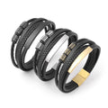 New Design CZ Micro Pave Charm Stainless Steel Metal Bangle Real Leather Bracelet Men Jewelry