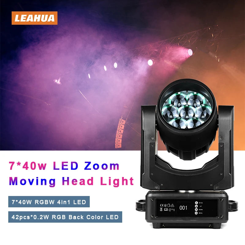 Hot Sale Culb Disco Stage Lighting Equipment Professional 4in1 LED 7*40w  Back Color LED DMX512 Auto Zoom Moving Head Light