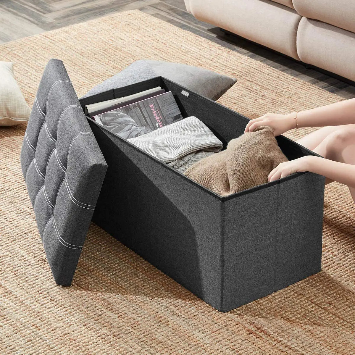 Factory Rectangular Storage Stool Foldable Storage Bench Velvet Storage Ottoman With Lid