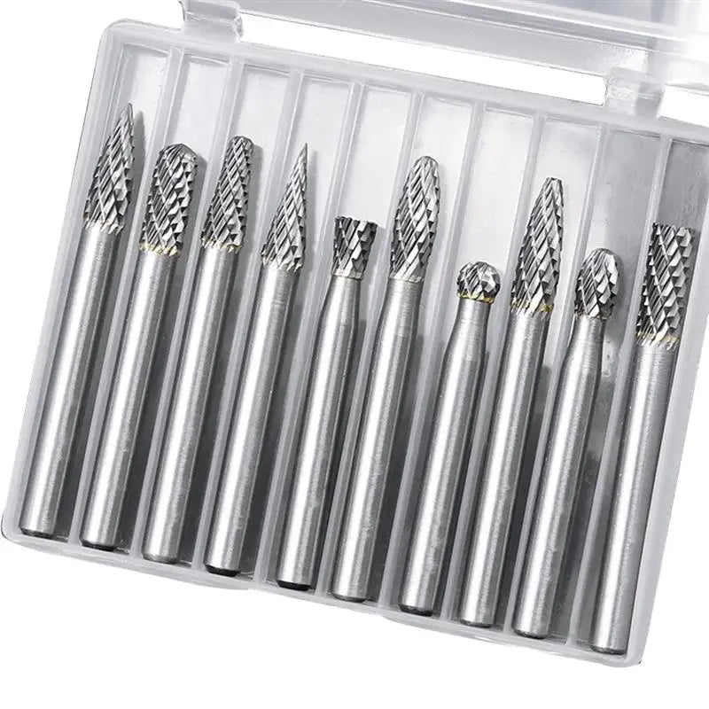 10pcs Tungsten Steel Rotary Burr Set Carbide Drill Bit Rotary Cutter File 6mm Shank Grinding Head for Carving Woodworking