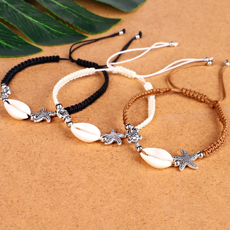 Boho Summer Beach Adjustable Starfish Turtle Shell Charm Bracelet Red Rope Braid Bracelets