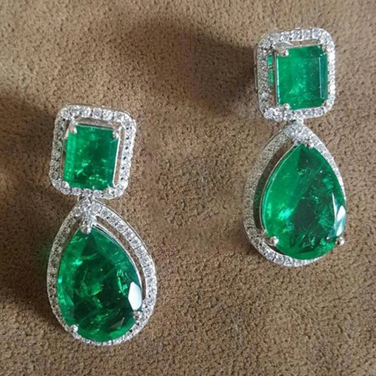 CAOSHI Classic Geometry Water Drop Design Green Crystal Cubic Zirconia Hanging Earrings for Women Wedding CZ Pendant Earrings